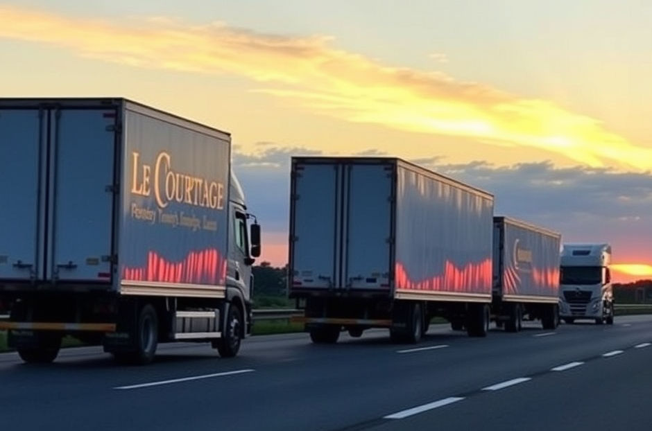Box trucks driving down the highway at sunset with Le Courtage Transportz LLC ON THE SIDE