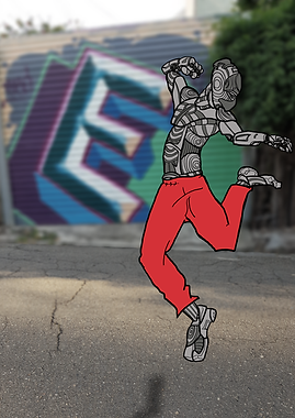 an illustration of a robot hip-hop dancer on a photograph of street art