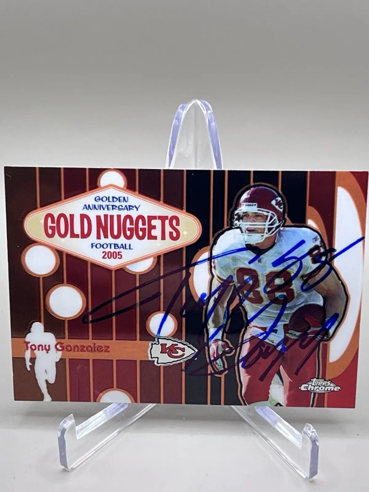 Autographed Tony Gonzalez 2000 Topps Chrome Gold Nuggets card.
