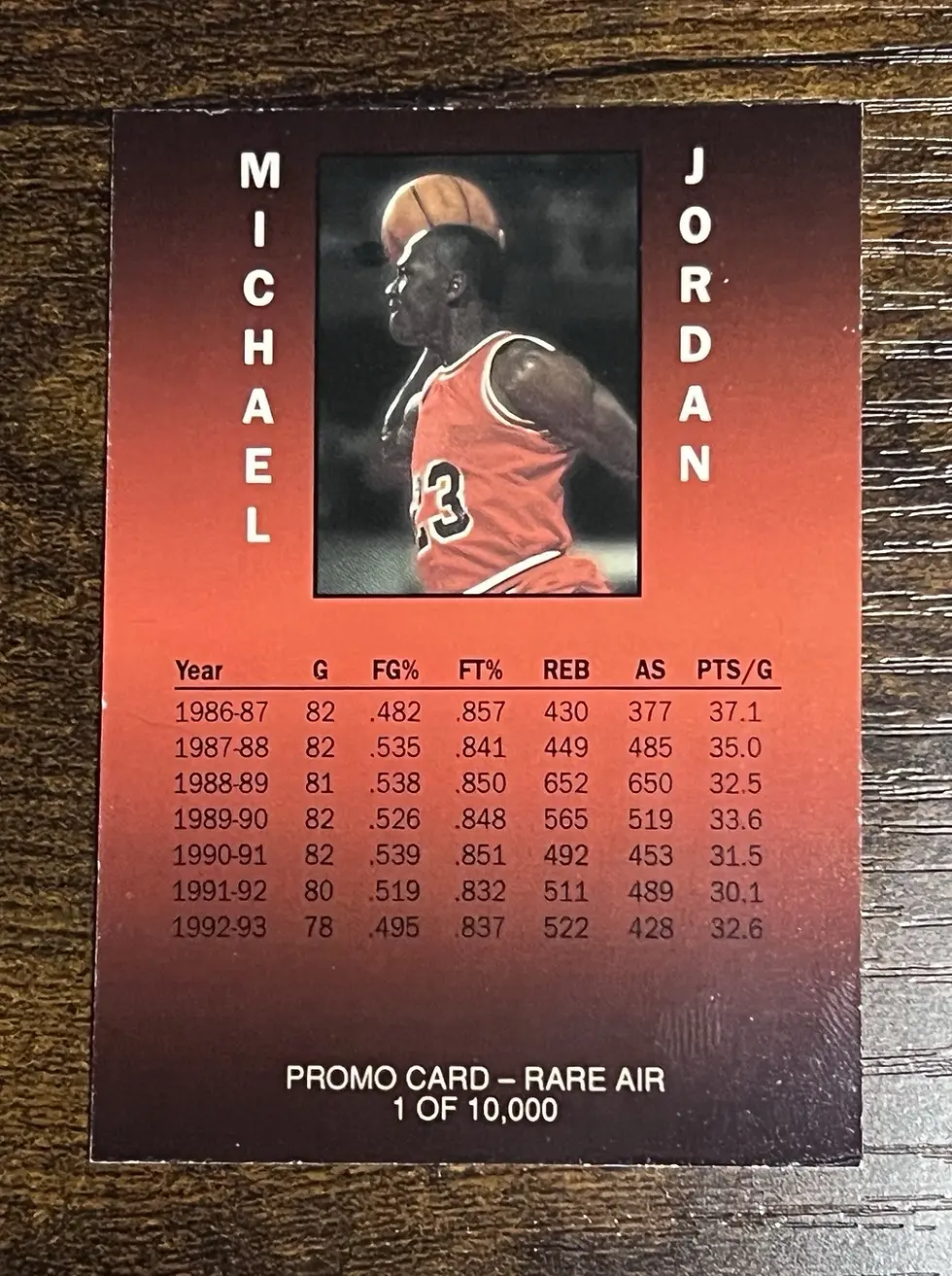 Back of 1993 Michael Jordan Rare Air promo card /10000