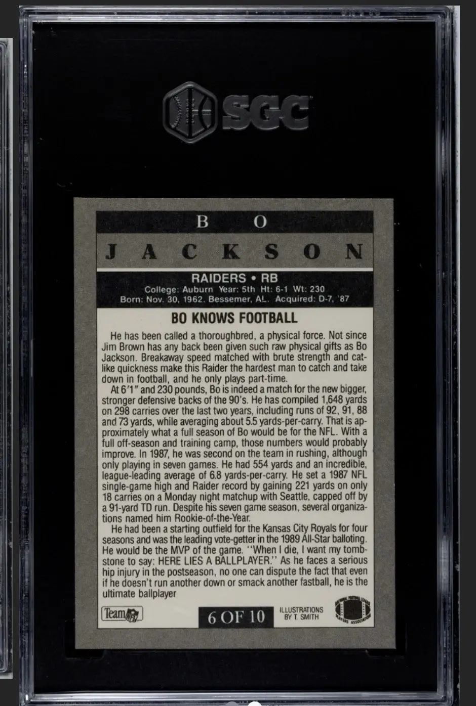 Back of Bo Jackson Rare Air trading card in SGC holder