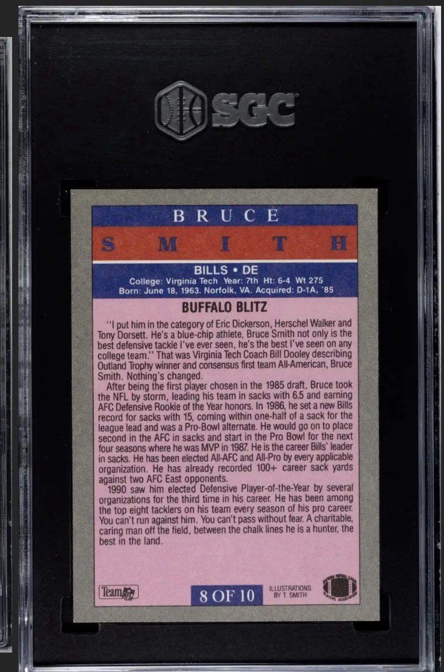 Back of Bruce Smith Buffalo Bills trading card in SGC slab.
