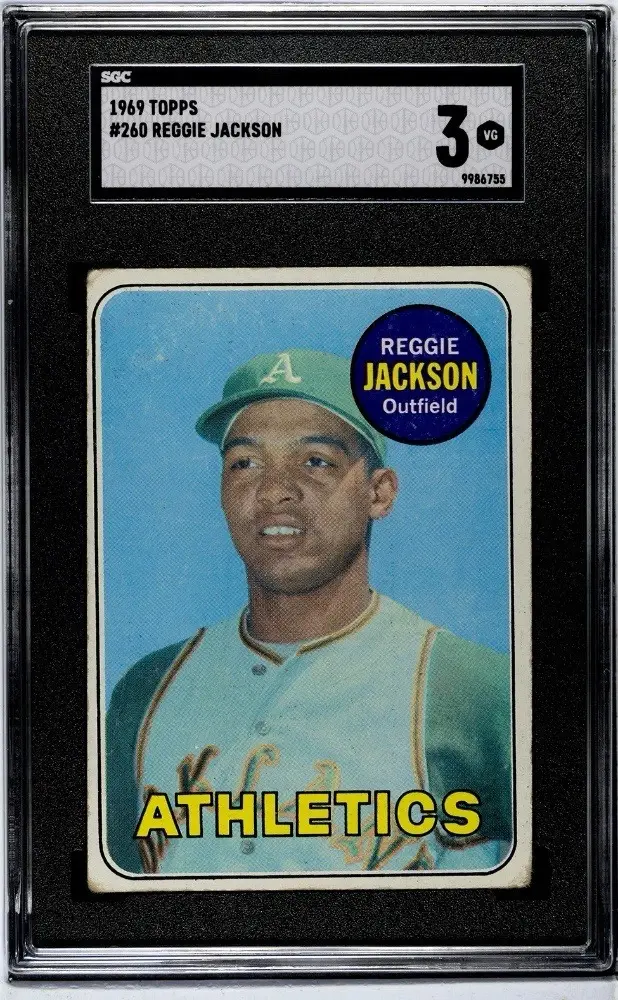 Graded 1969 Topps Reggie Jackson rookie card in SGC slab