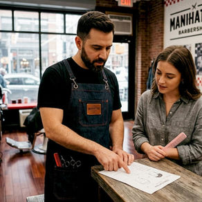 Barber and stylist consulting in barbershop