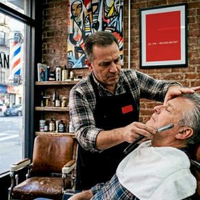 Barber shaving customer in vintage barbershop