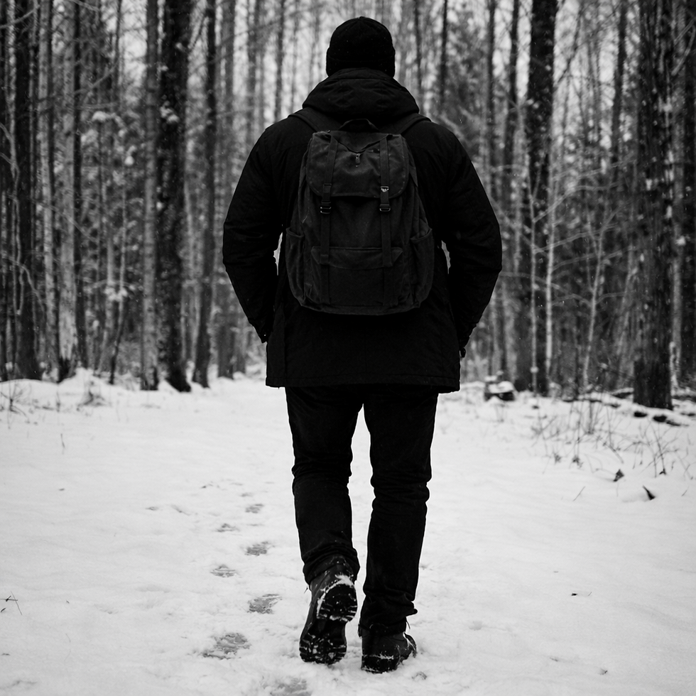 Man sedd bakifrån går ensam på en snötäckt skogsväg i svartvitt.