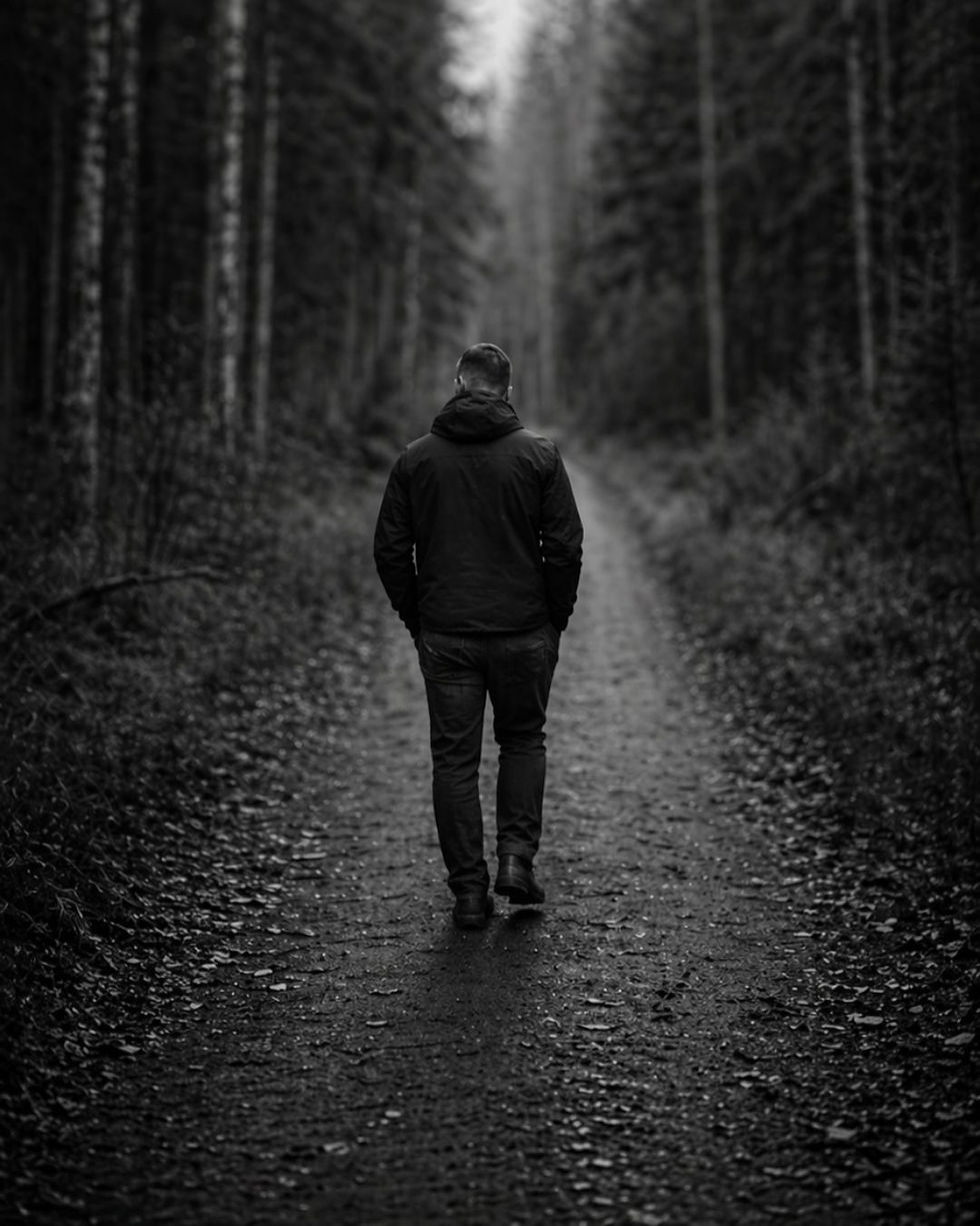 Man bakifrån som går ensam på en mörk skogsstig i svartvit ton