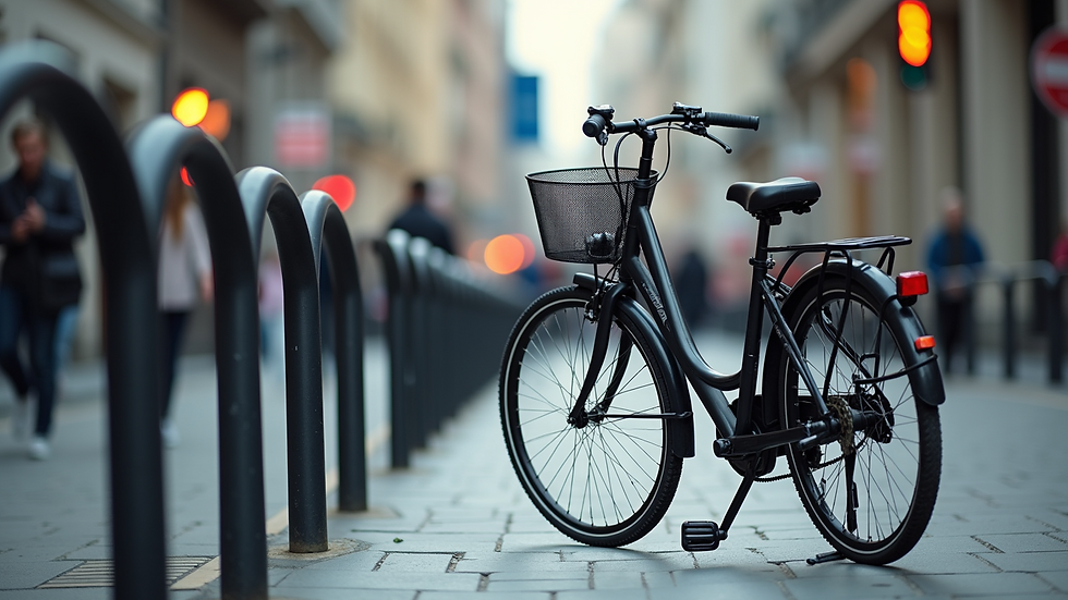 Eye-level view of a bicycle parked at a bike rack in an urban setting