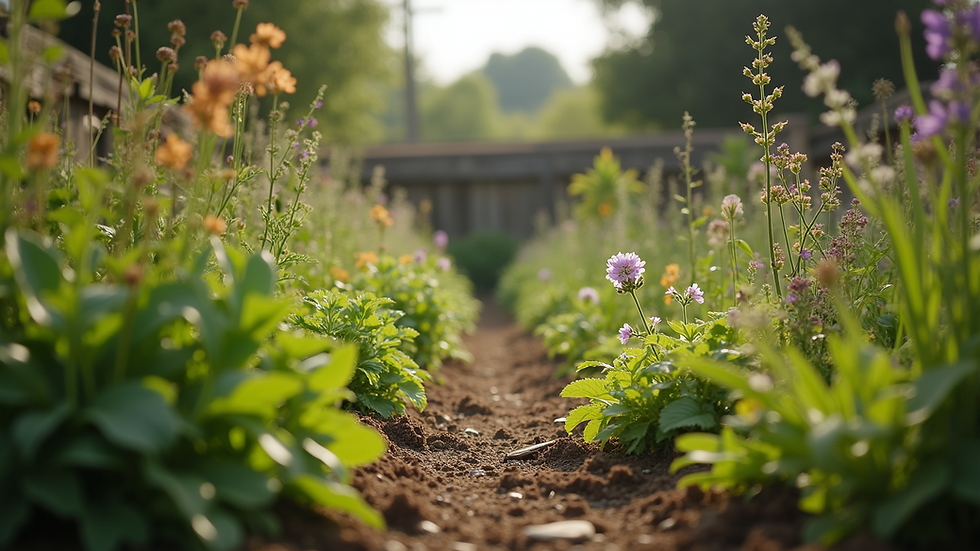 Eye-level view of a community garden with diverse plants