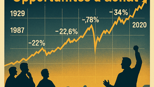 Illustration style vintage d’un graphique des plus grands krachs boursiers (1929, 1987, 2000, 2008, 2020) avec rebonds, soulignant les cycles et les opportunités d’investissement.