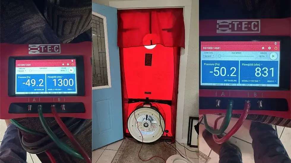 Blower door testing showing reduced air infiltration after attic air sealing