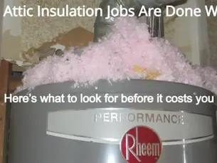 Attic insulation improperly covering water heater flue creating safety issue in Austin home