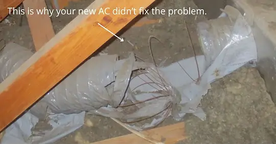 Damaged HVAC duct leaking air in attic causing comfort and airflow issues in Austin home