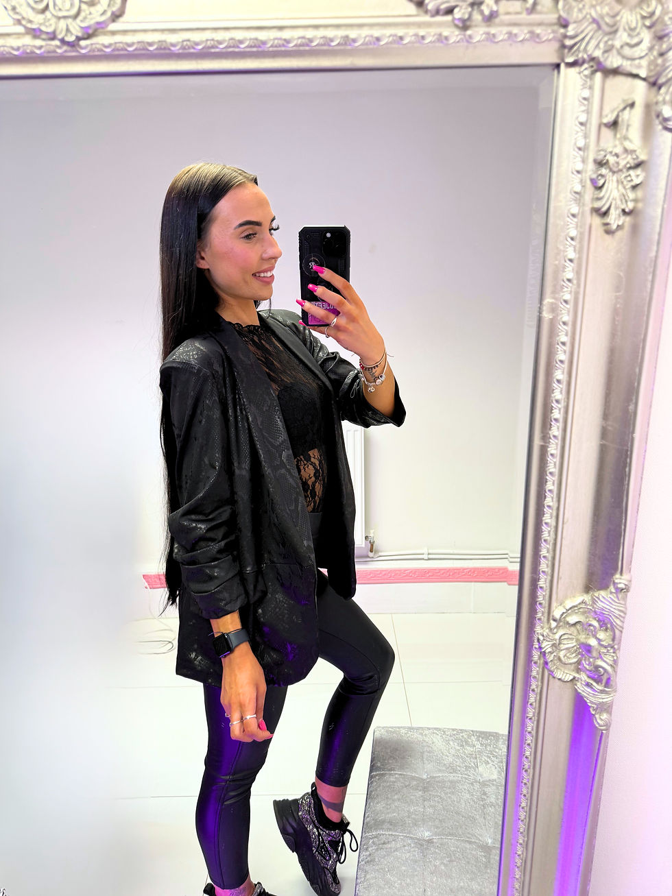 Thumbnail: Women's Snake Print Open Front Blazer with Ruched Sleeves – Chic & Versatile