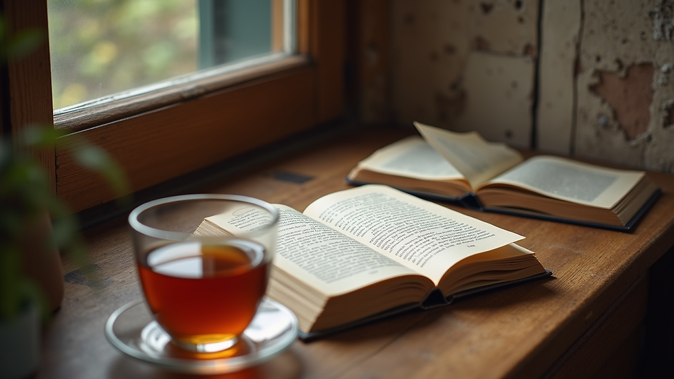 Eye-level view of a cozy reading nook with French books and a cup of tea
