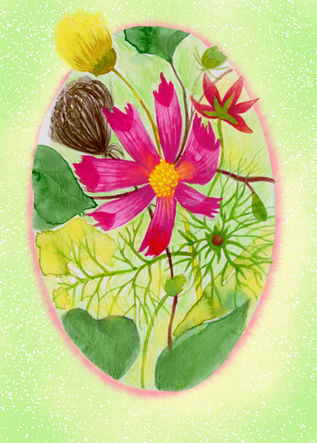 floral watercolor design with pink flower at the center.