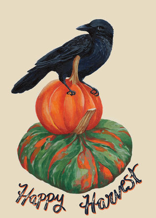 Black crow and fall gourd illustration with greeting. "Happy Harvest"