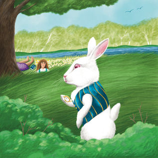 Illustration of Alice in Wonderland, showing Alice spotting the White Rabbit for the first time. Children's illustration.