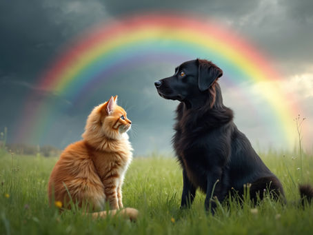 A ginger cat and black dog sit facing each other in a grassy field under a vibrant rainbow, with a moody sky in the background.