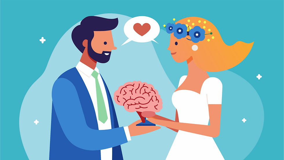 Animated image of bride and groom gazing into each other's eyes, making vows and instead of bouquet, they jointly hold an illustrated human brain.