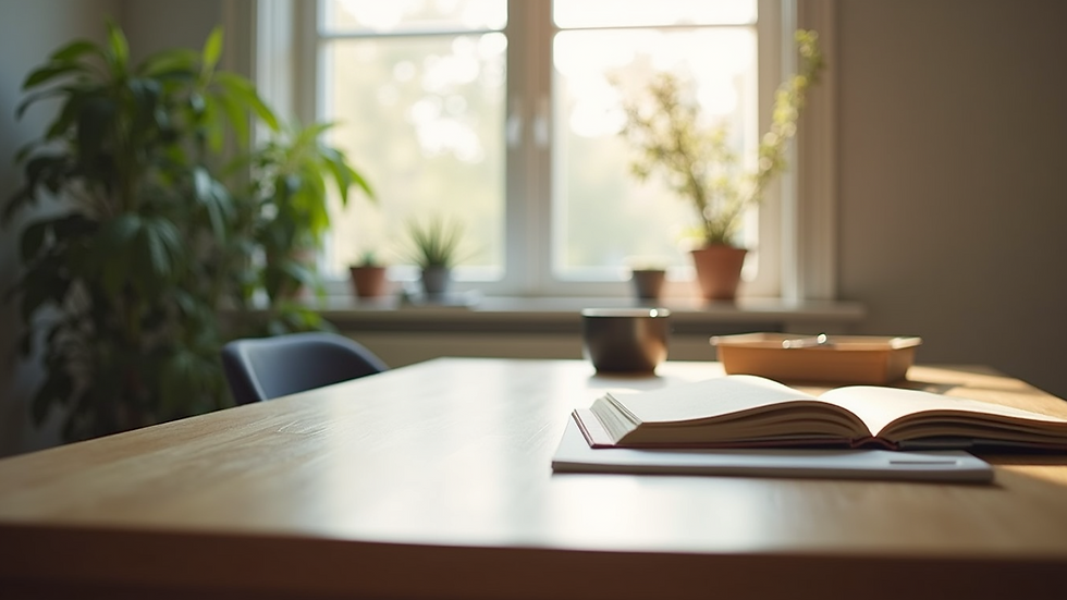 Eye-level view of a calm writing space with peaceful decor