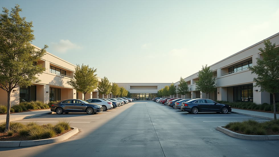 Wide angle view of a commercial property with parking lot and landscaping