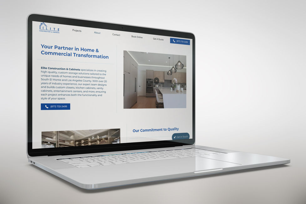 Laptop showing a remodeling contractor website with modern kitchen gallery and ‘Get a Quote’ call-to-action