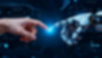 Human hand touching robotic hand, digital future