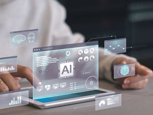 Business owner using AI marketing dashboard on a digital tablet to automate social media campaigns, illustrating data-driven strategies for growth