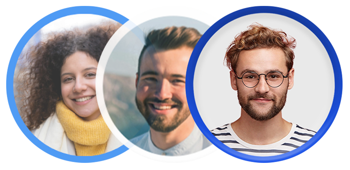 Diverse group of three smiling people in overlapping circular frames.