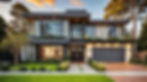 Modern home exterior with glass windows and a two-car garage.