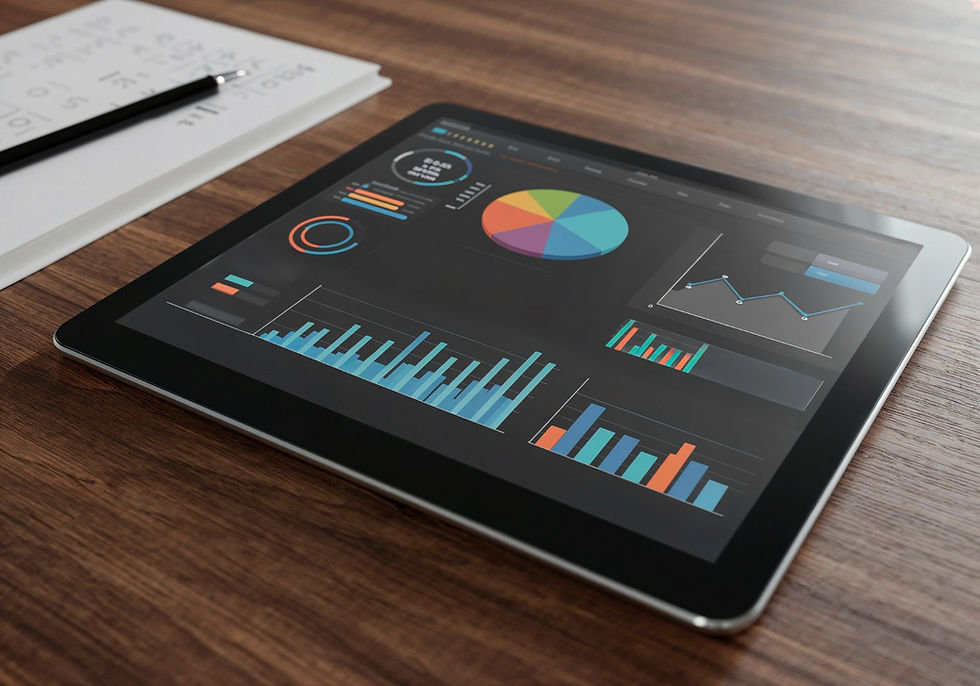 Tablet displaying charts and graphs, with pen and notepad on wooden desk.