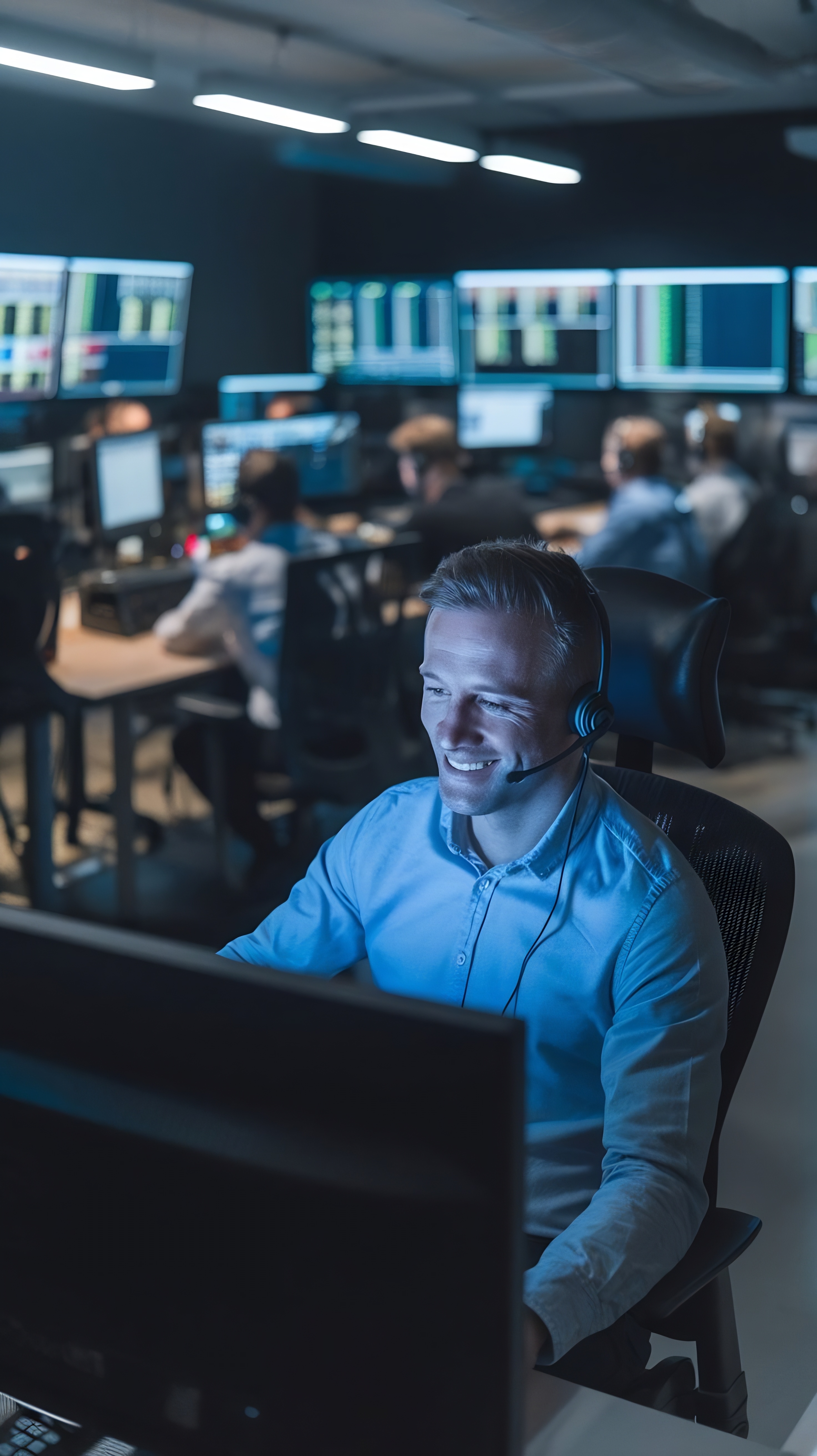 Smiling IT specialist working late at DASOW.IO