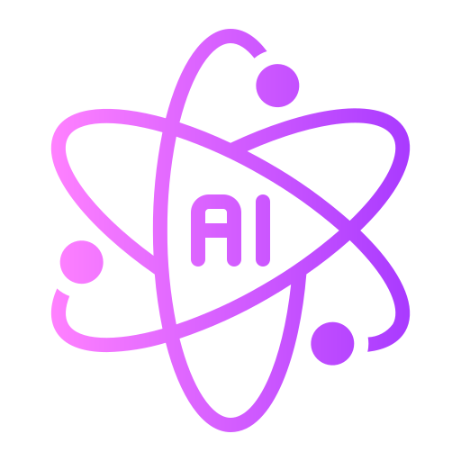 Purple atom symbol with the letter AI, representing a scientific concept.