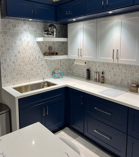 Blue and white custom kitchen cabinets