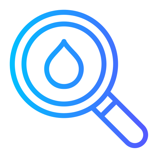 Blue gradient magnifying glass icon with a water droplet inside.