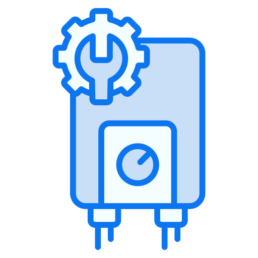 Blue water heater icon with a wrench and gear, symbolizing maintenance service.