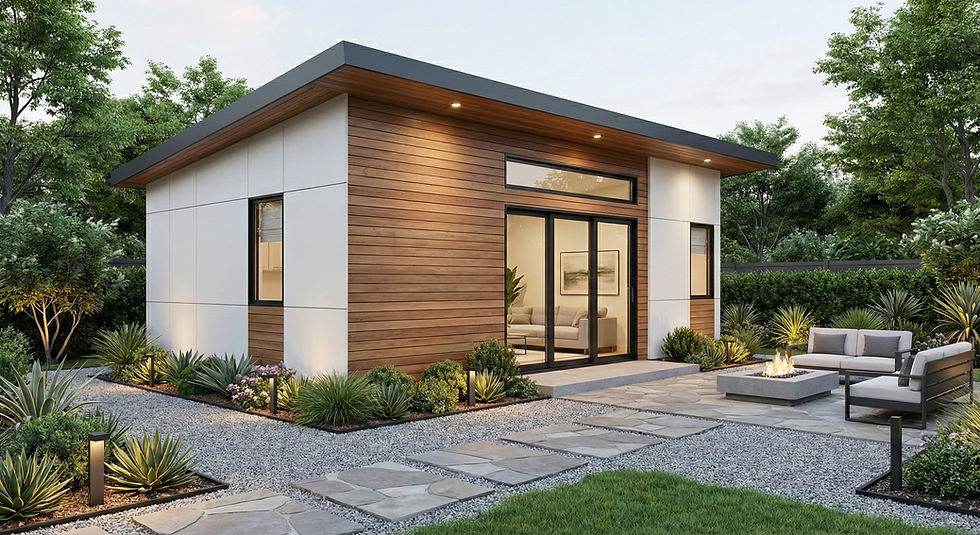 Sleek modern detached house, wood and white exterior, patio, fire pit.