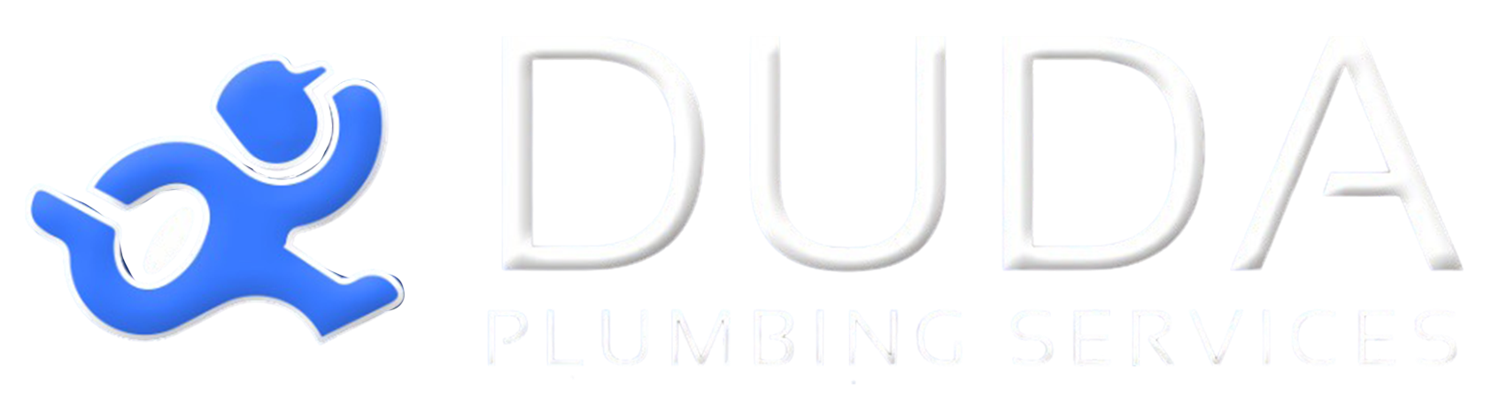 Blue running person logo for DUDA PLUMBING SERVICES company.