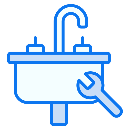 Blue and white icon of a sink with a wrench for repair.