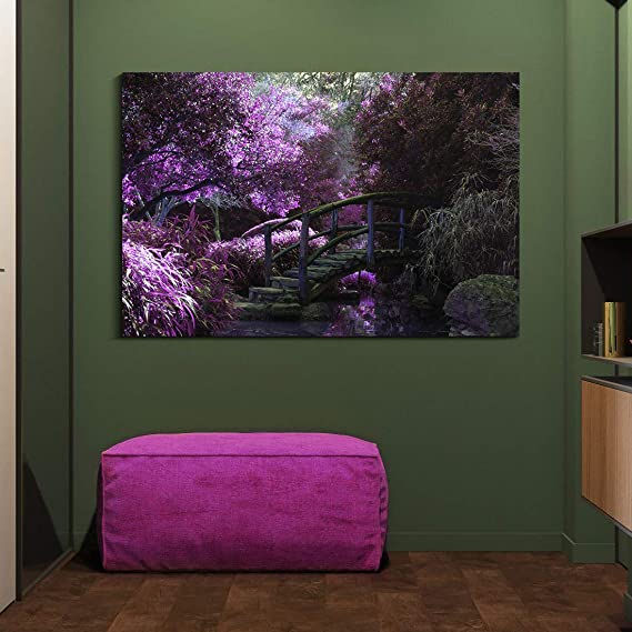 Thumbnail: Looife Canvas Prints Wall Art-24x16 Inch Purple Blossom and Wood Bridge Picture