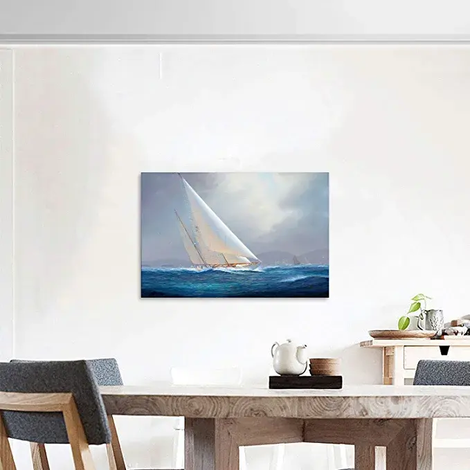 Thumbnail: Looife Ocean Theme Canvas Wall Art, 36x24 Inch Sailboats on Blue Sea Level Pictu