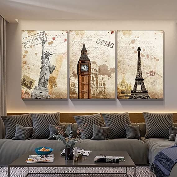 Thumbnail: Looife Landscape Canvas Wall Art Decor 3 Pieces 24x32 Inch Famous Buildings Eiff