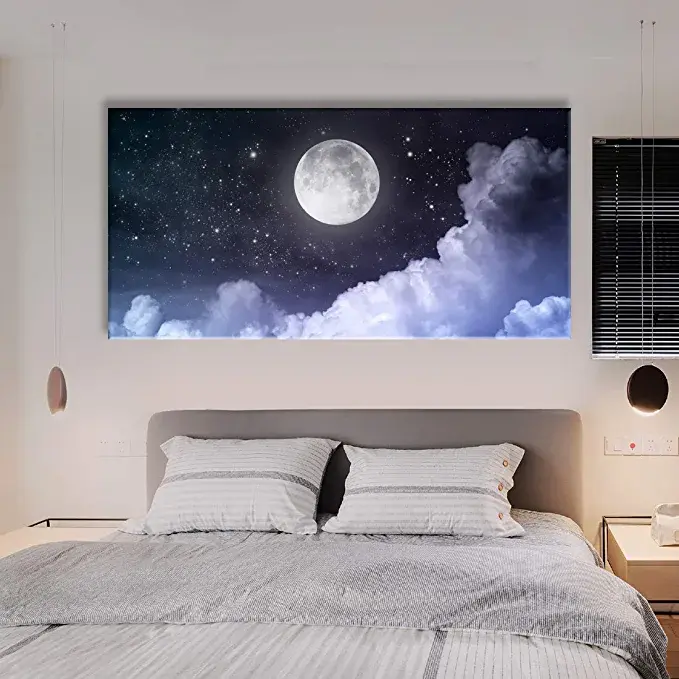 Thumbnail: Looife Ocean Theme Canvas Wall Art, 48x24 Inch Full Moon with Clounds Under Purp