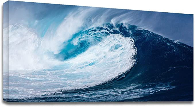Looife 48x24 Inch Canvas Prints Wall Art-Blue and White Huge Sea Waves Picture W