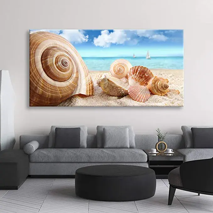 Thumbnail: Looife Ocean Theme Canvas Wall Art, 40x20 Inch Seashell and Conch on Beach Under