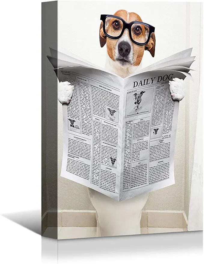 Looife Bathroom Canvas Wall Art, 12x16 Inch Dog Reading Newspaper on Toilet Pet