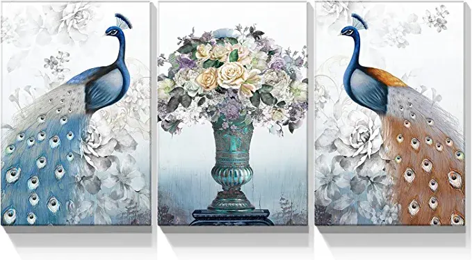 Looife Peacock Canvas Wall Art 3 Pieces 24x36 Inch Vintage Blue Animal with Flow