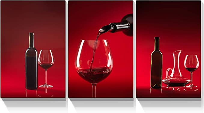 Looife 3 Panels Kitchen Canvas Wall Art, 32x48 Inch 3 Pieces Red Wine Bottle Pic