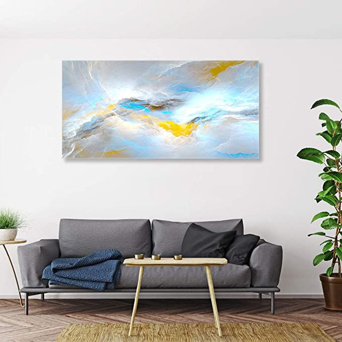 Thumbnail: Looife Colorful Abstract Canvas Wall Art, 40x20 Inch Cyan and Yellow Smoke Stone